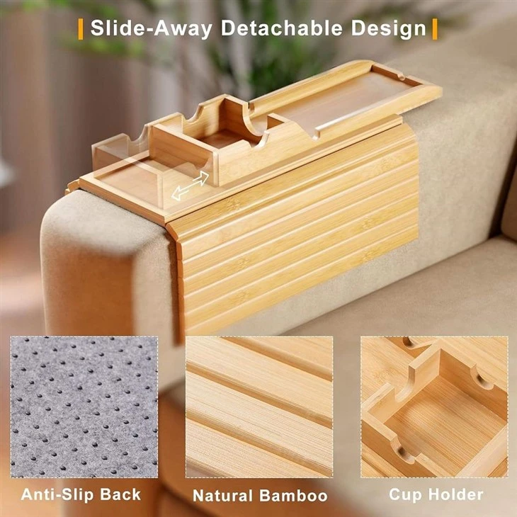 Foldable Bamboo Sofa Armrest Tray Table Organizer