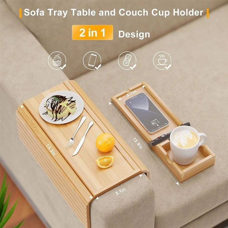 Bamboo Sofa Armrest Tray with Cup Holder